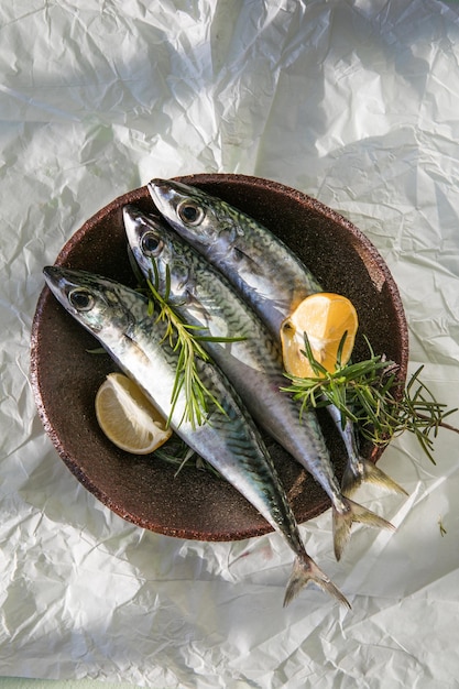 Raw saltwater fish Mackerel with lemon