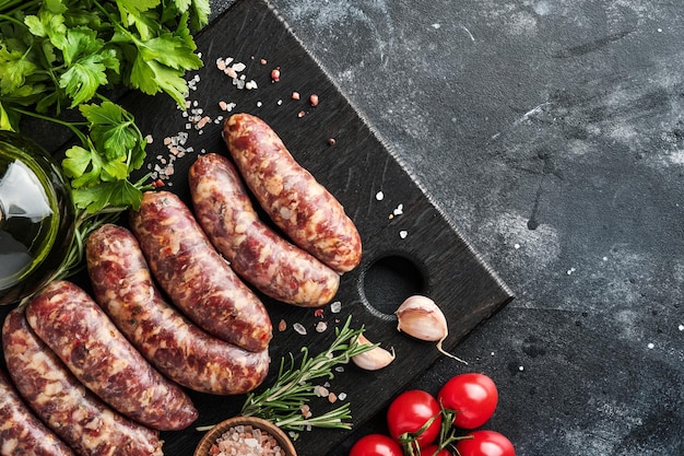 Raw sausages or bratwurst on cutting board with spices and ingredients for cooking Top view with copy space on stone table