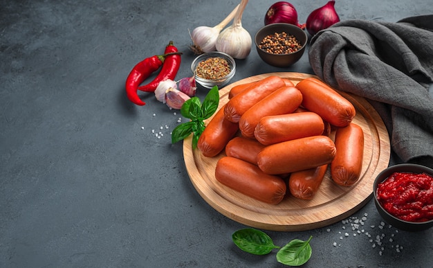 Raw sausages on a cutting board among the ingredients. Side view, space for copying.