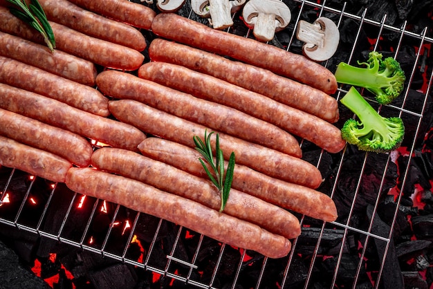 Raw sausages on a hot charcoal grill