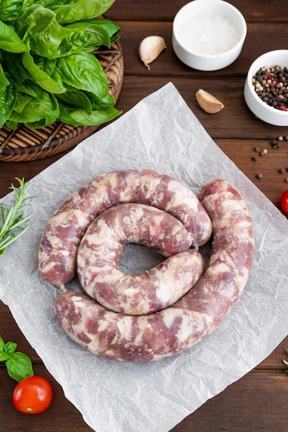 Raw sausages on paper with spices and fresh herbs on a dark wooden background Top view copy space