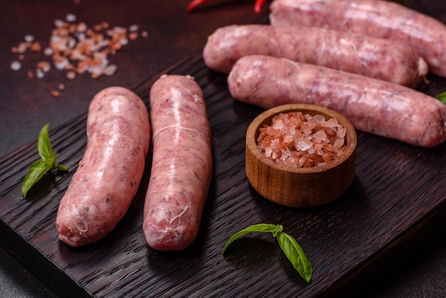 Raw sausages with ingredients on a cutting board on a dark concrete background with copy space