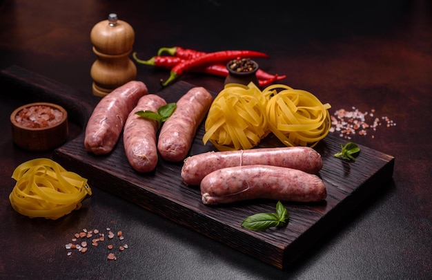 Raw sausages with ingredients on a cutting board on a dark concrete background with copy space