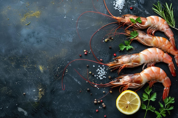 Raw Shrimps and Gambas Seafood Healthy Meal on a Rustic Table