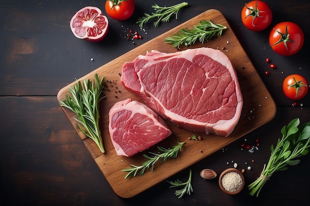 Raw sirloin beef meat steak on a wooden cutting board with herbs