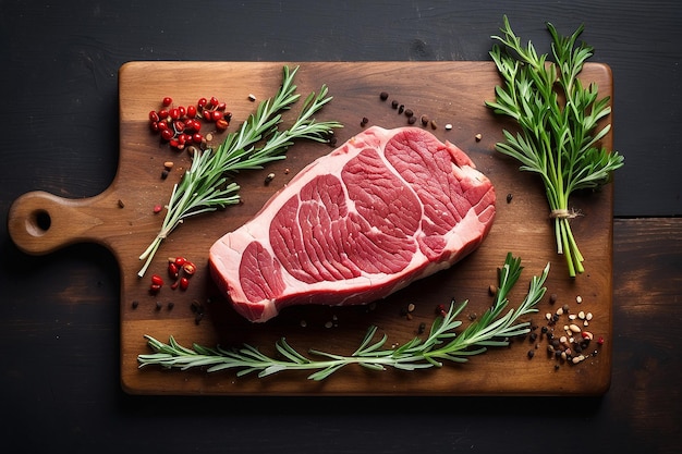 Raw sirloin beef meat steak on a wooden cutting board with herbs