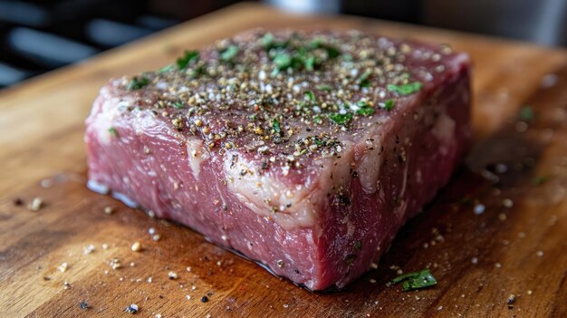 Photo raw steak on a cutting board ready to be seasoned and grilled to perfection