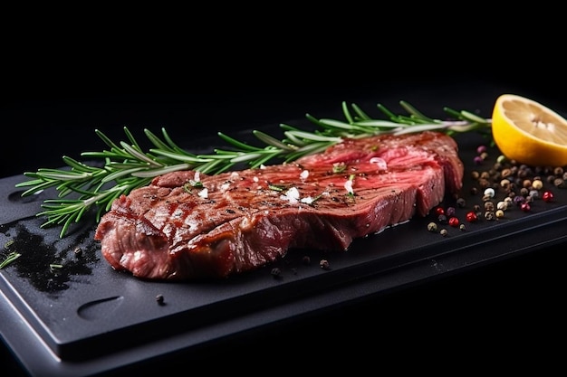 Photo raw steak on pizarra dish isolated on black background