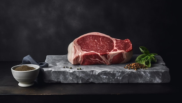 Raw steak with spices on black stone background with AI generated