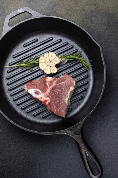 raw steak with spices in a cast iron pan