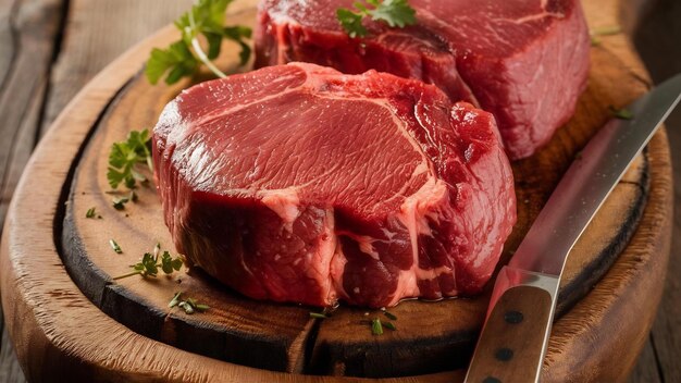 Raw steak on wooden board