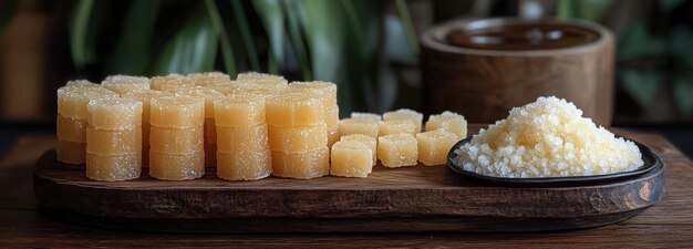 Photo raw sugarcane is beautifully arranged on a wooden platter highlighting its natural sweetness