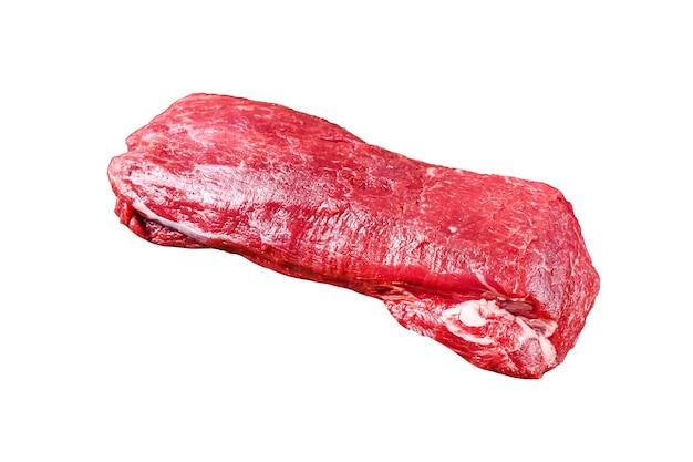 Raw Tenderloin veal meat for steaks fillet mignon on a wooden cutting board Isolated on white background top view