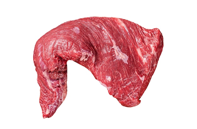 Raw tritip triangle roast or bottom sirloin steak on plate with herbs Isolated white background