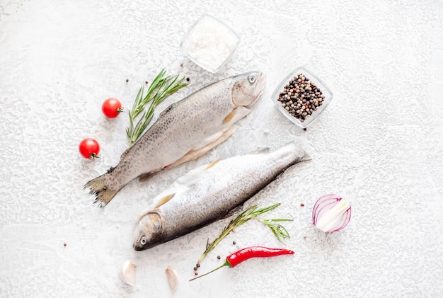 Raw trout fish on stone background