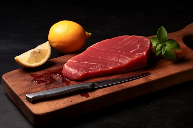 Raw tuna steak with lemon and basil on cutting board