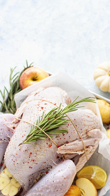 Photo raw turkey with fresh rosemary