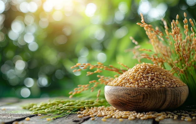 Raw uncooked golden rice in wooden bowl with green plants on background