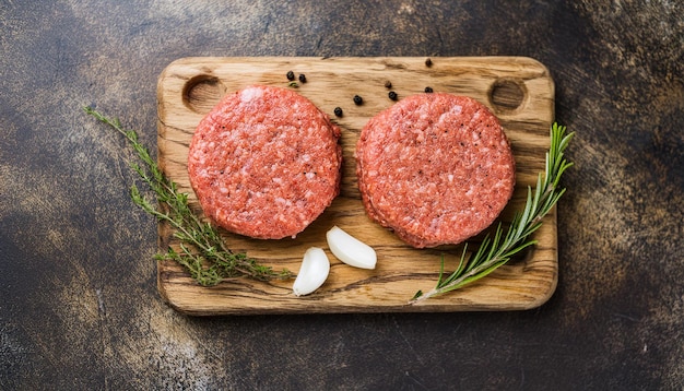 Photo raw veal cutlets on chopping board before cooking for hamburgers and other dishes tasty food