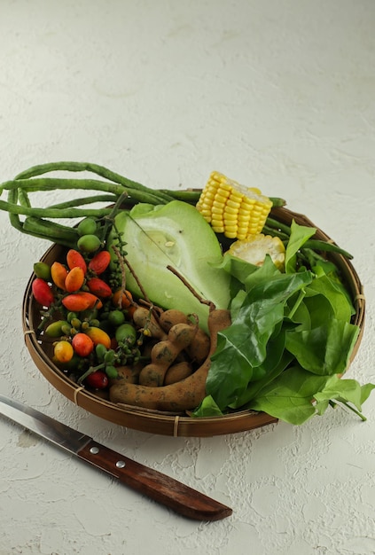 raw vegetables to make tamarind vegetable or ingredients for making tamarind vegetables cooking pr