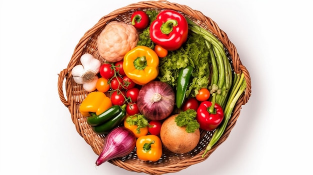 raw vegetables in wicker basket isolated