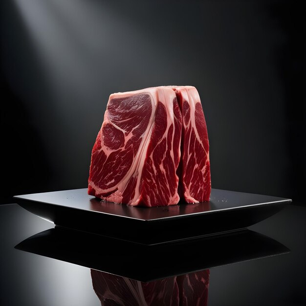 Photo raw wagyu meat on a black stone plate with a dark background