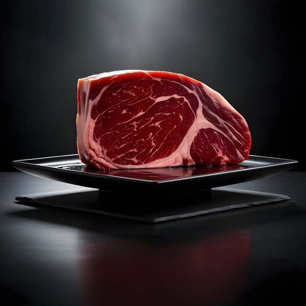 Photo raw wagyu meat on a black stone plate with a dark background