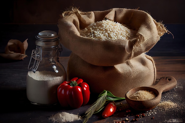 Raw white rice in burlap bag with ingredients for risotto