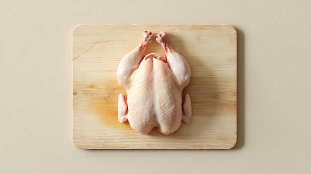 Photo raw whole chicken on clean wooden board for meal preparation