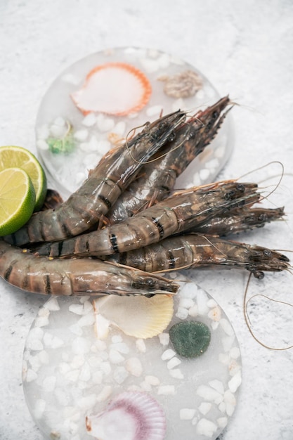 Raw whole fresh uncooked prawns shrimps on decorated ice with lime on gray stone background