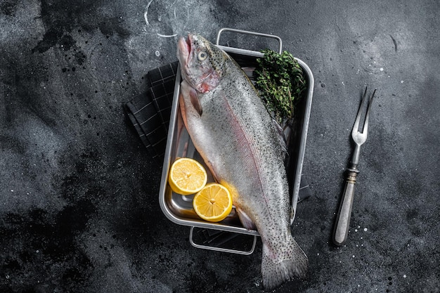 Raw whole trout fish in a kitchen tray with herbs Black background Top view