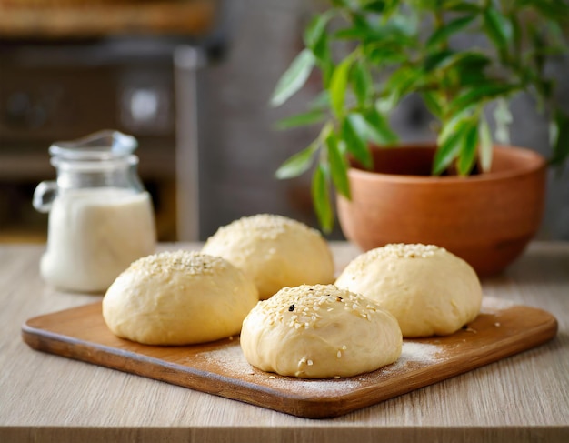 Photo raw yeast dough buns with sesame seeds in the kitchen