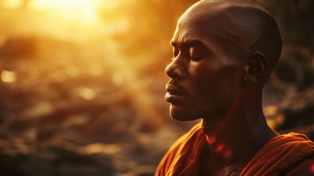 A ray of sunlight illuminates the meditators face highlighting his peaceful expression and sense of