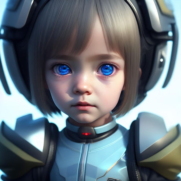 Ray Tracing Surreal 3D Photorealistic Illustration of A Cyborg Girl with Blue Eyes and Gray Hair