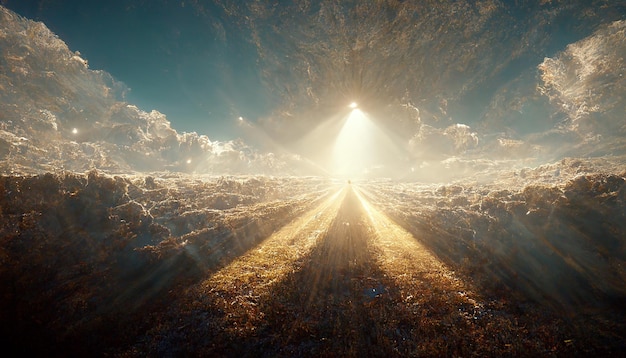 Rays of light shining through dark clouds over mountains Cinematic scene