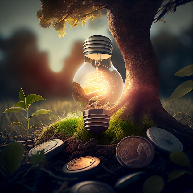 In the rays of the setting sun on a green meadow under a tree a light bulb glows among scattered coins Generative AI