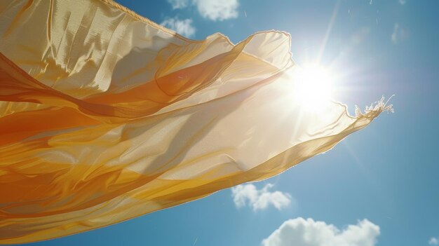 The rays of the sun sparkle off the flying towel as it spins in midair