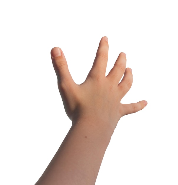 Photo reaching catching stretching to something pov first person view kids hand sign isolated on