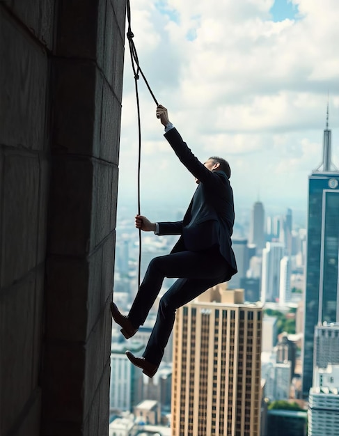 Photo reaching new heights a determined businessman scales a towering skyscraper