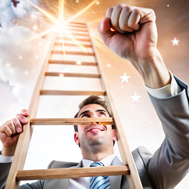 Photo reaching new heights of success by overcoming obstacles and climbing ladders