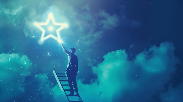 Reaching for Success Man Climbing Ladder Towards a Shining Star A man climbs a ladder toward