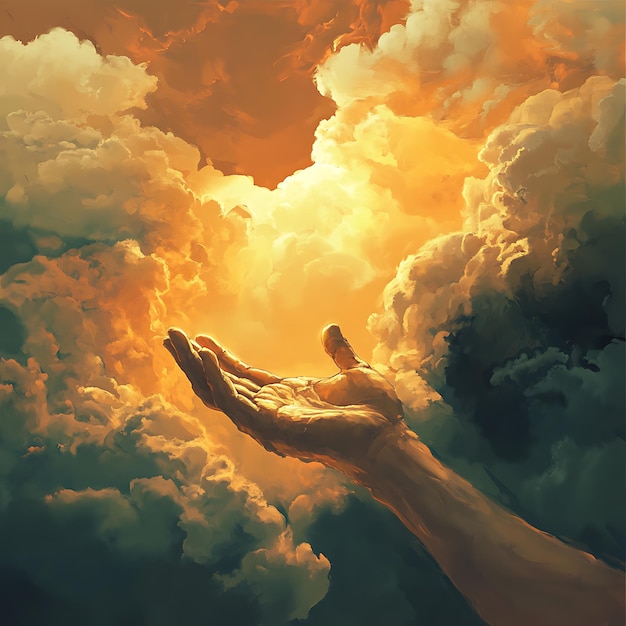 Photo reaching up to the divine a hand reaching toward heavenly light amidst golden clouds