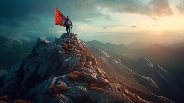 Reaching your goals concept mountain climber following path to flag on top of mountain Generative AI