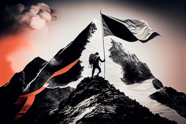 Reaching your goals concept mountain climber following path to flag on top of mountain Gunerative AI