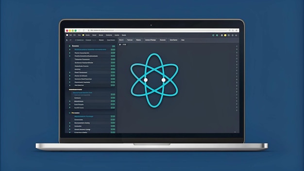 react js programming language with laptop and code script on screen