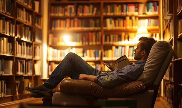 Photo reader spending a quiet evening at the library