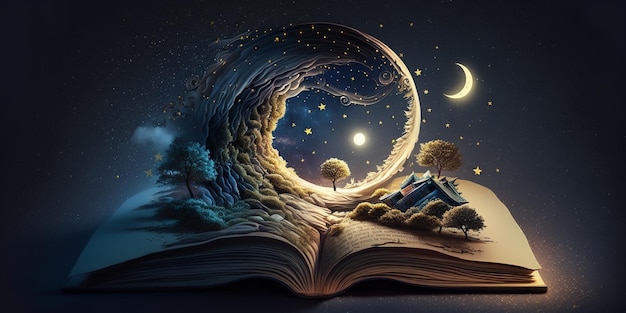 Reading book crescent moon starry sky fantasy dreamy fairy tale illustration concept