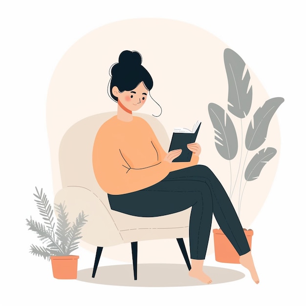 Photo reading book at home woman relaxes in cozy chair surrounded by plants embodying peaceful and serene atmosphere this illustration captures essence of comfort and leisure