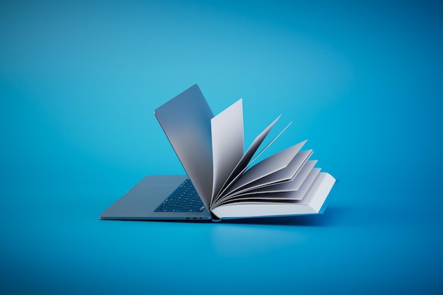 Reading books online Open book and laptop on a blue background 3D render