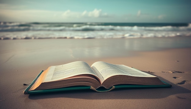 Reading literature on sandy beach at sunset generated by AI